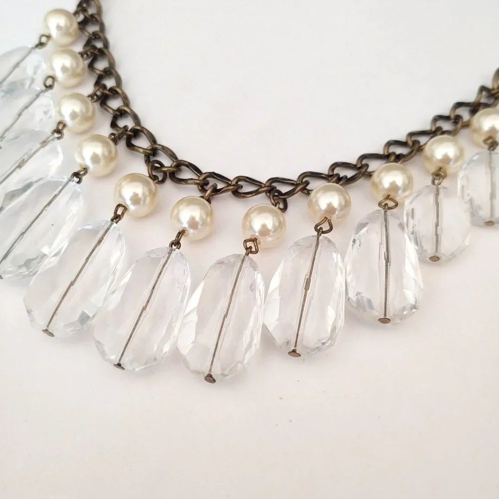 Faux pearl and clear bead dangle statement necklace